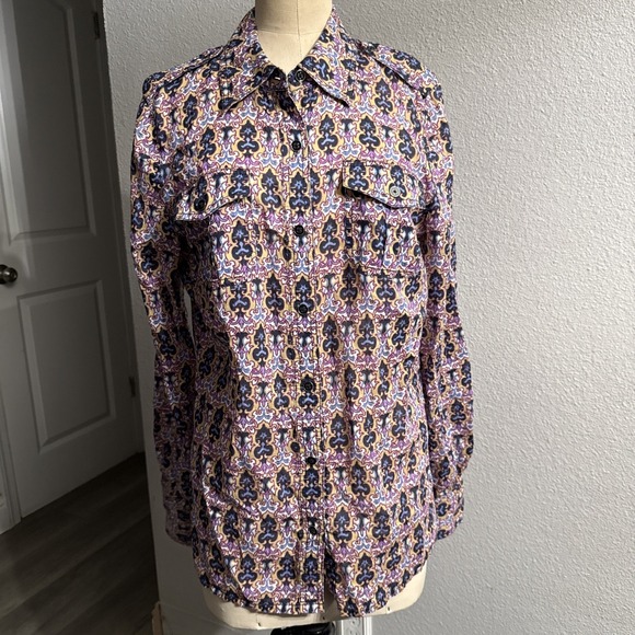 Tory Burch Tops - Tory Burch Cotton Demask Kaleidoscope Button Blouse Roll Tab Long Sleeve Sz 10